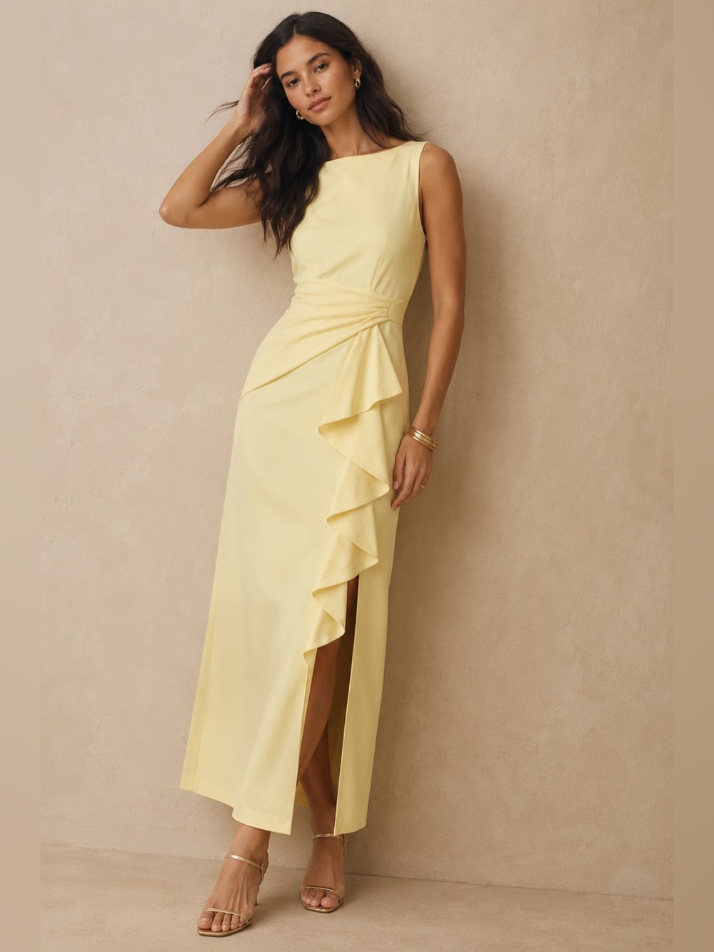 Eliza‎ J Sleeveless Ruffle Front Maxi Gown Size 4 Butter Yellow Formal Dress